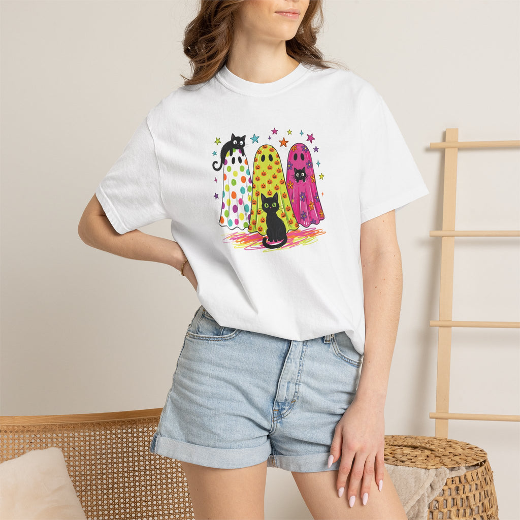 Preppy, Girly, Cute Halloween Ghosts with Cats, Comfort Colors Tee