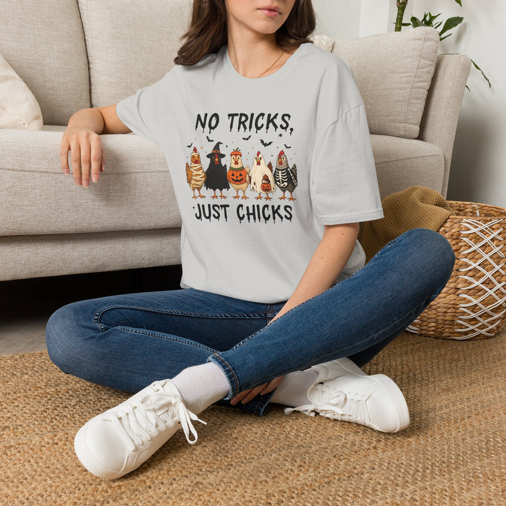 No Tricks Just Chicks, Funny Halloween Chickens in Costumes, Gildan Unisex Softstyle T-Shirt