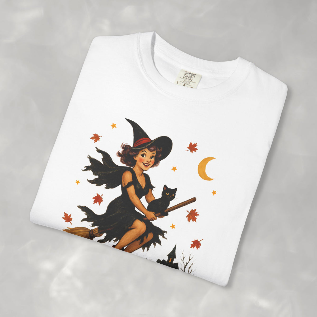 Vintage Witch Riding on Broomstick with Black Cat, Retro Halloween Comfort Colors Tee