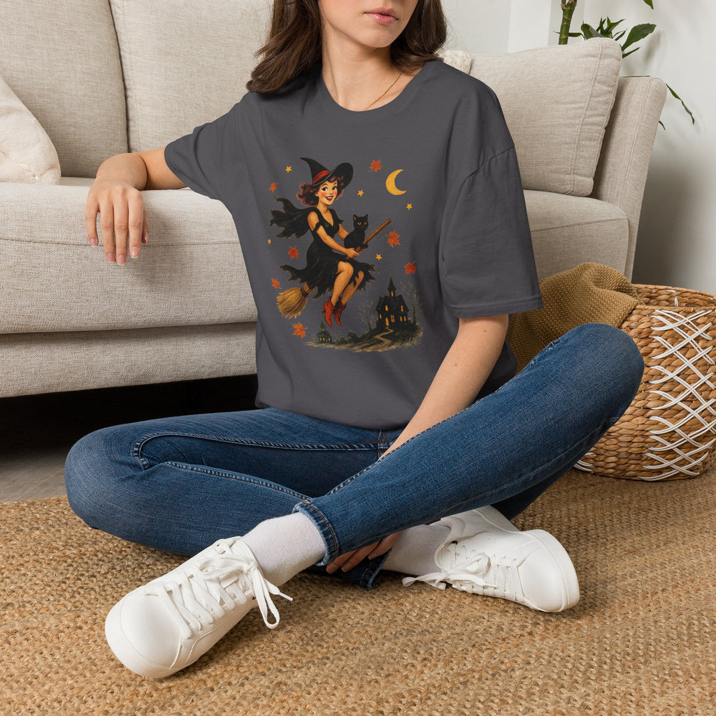 Vintage Witch Riding on Broomstick with Black Cat, Retro Halloween, Gildan Unisex Softstyle T-Shirt