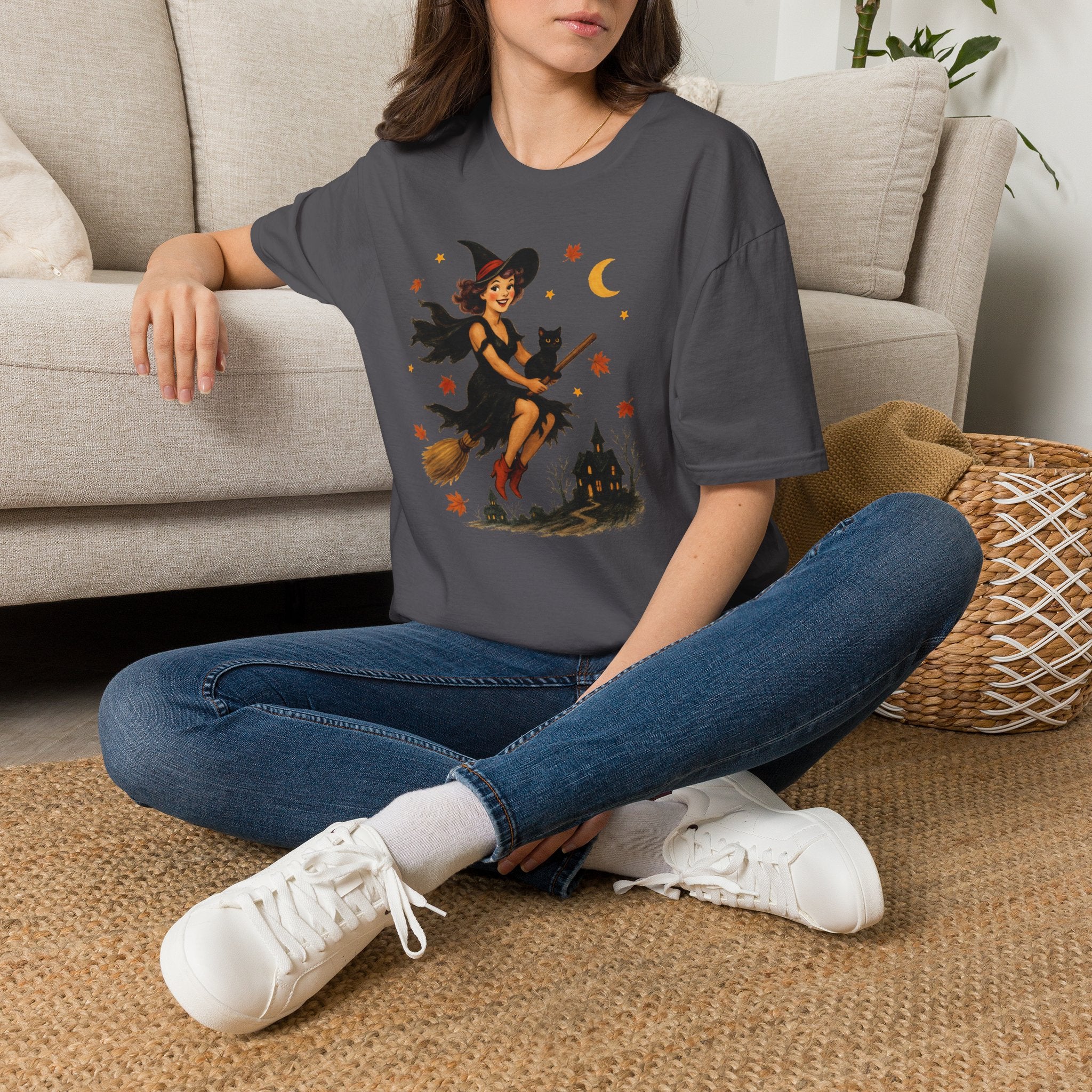 Vintage Witch Riding on Broomstick with Black Cat, Retro Halloween, Gildan Unisex Softstyle T-Shirt