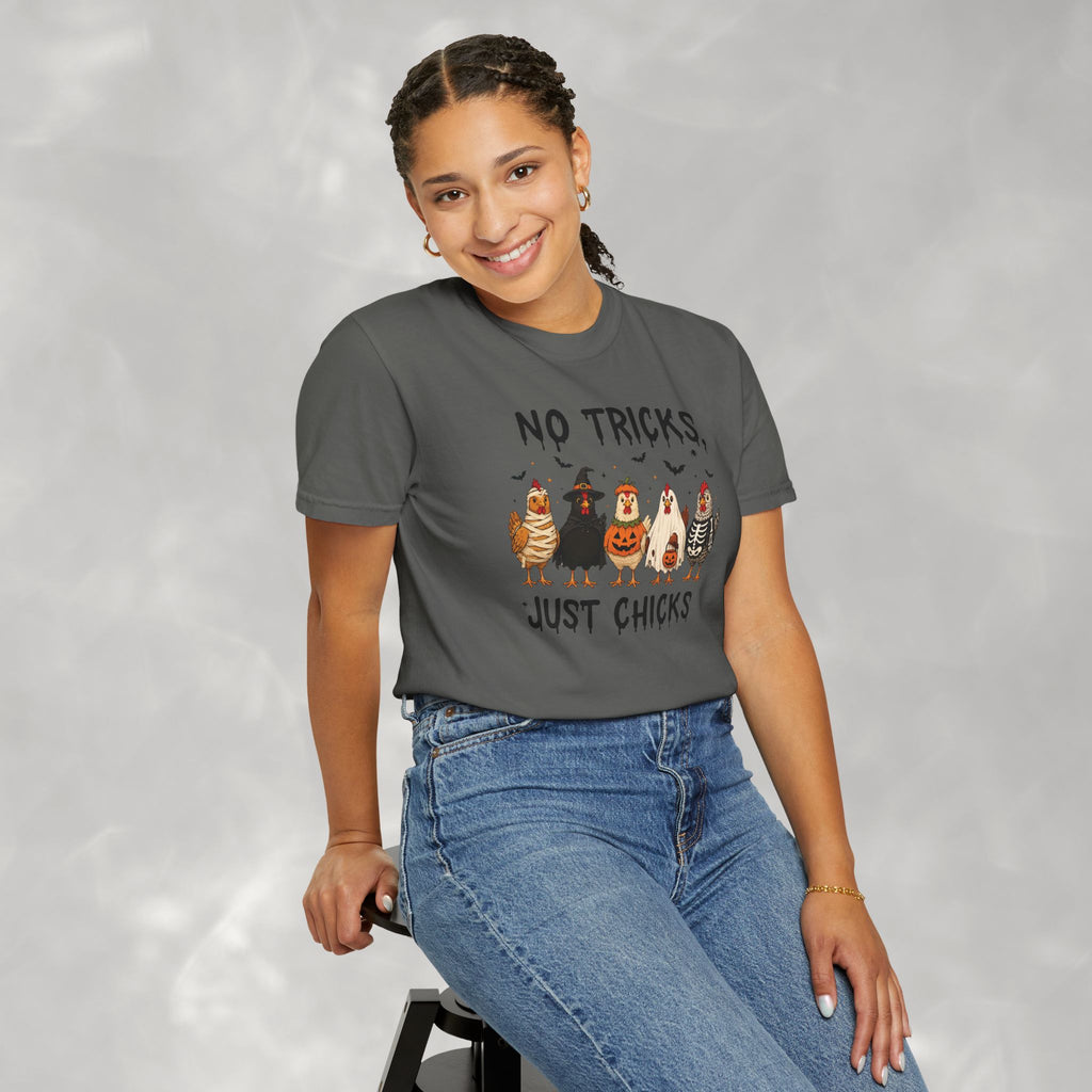 No Tricks Just Chicks, Funny Halloween Chickens in Costumes, Comfort Colors Tee