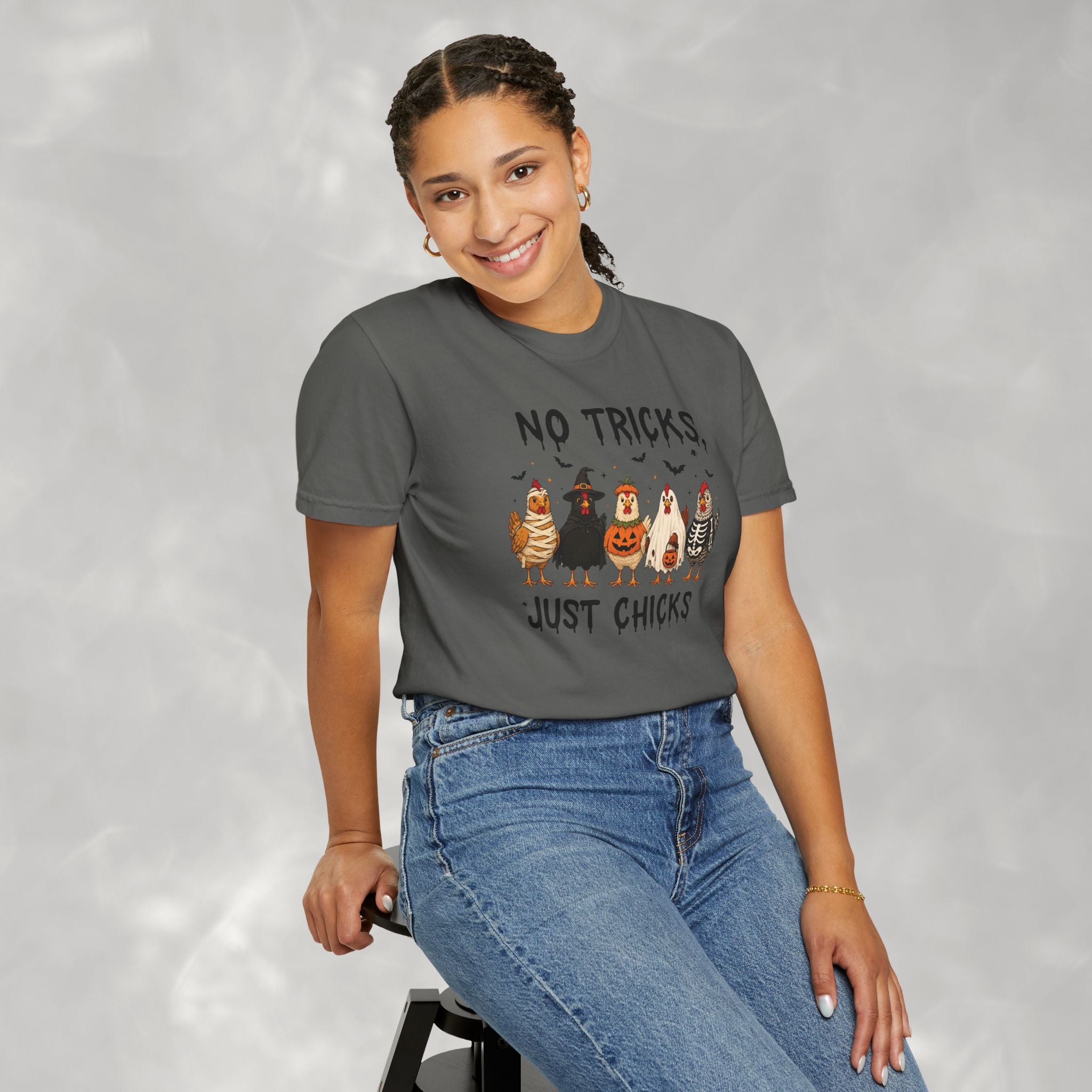 No Tricks Just Chicks, Funny Halloween Chickens in Costumes, Comfort Colors Tee