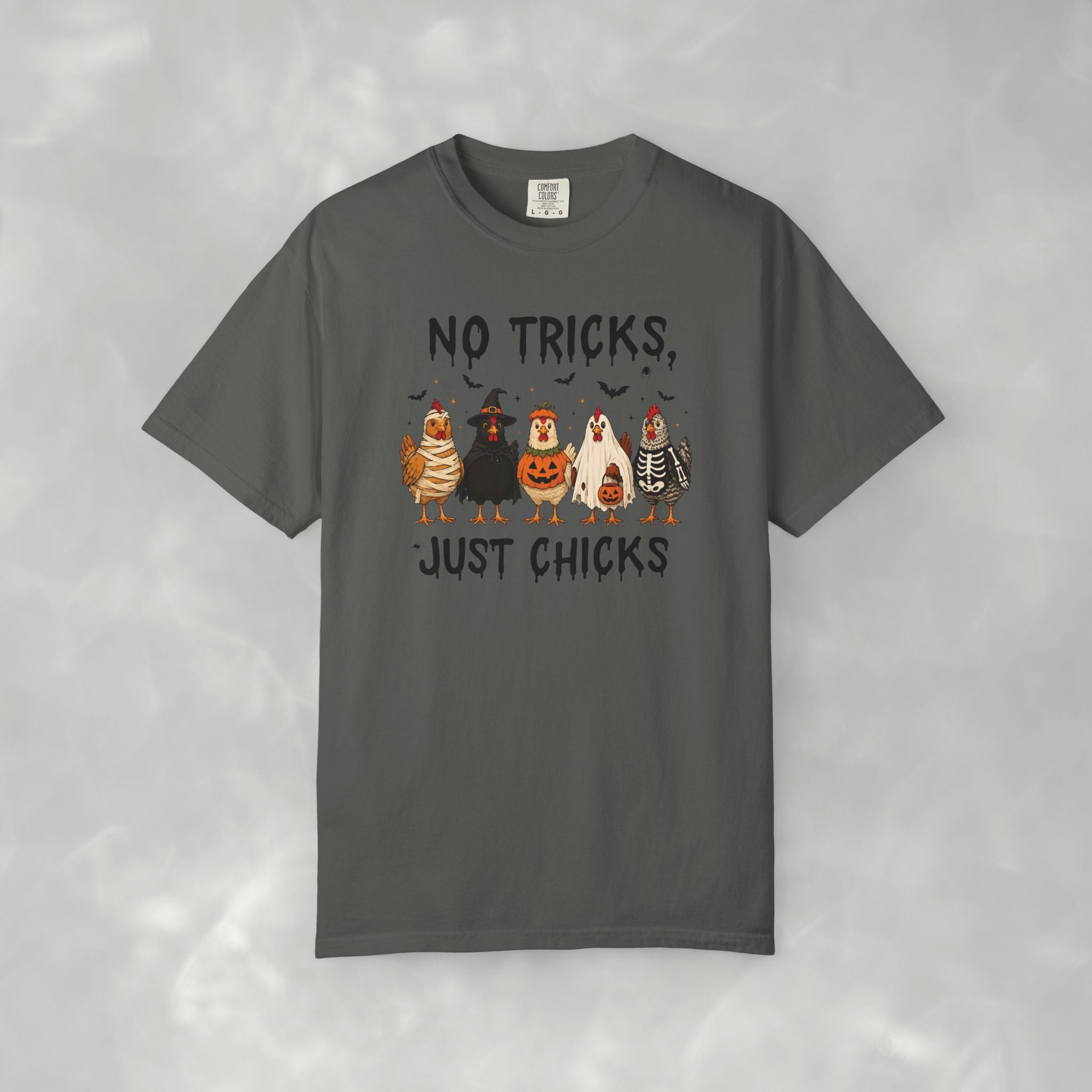 No Tricks Just Chicks, Funny Halloween Chickens in Costumes, Comfort Colors Tee