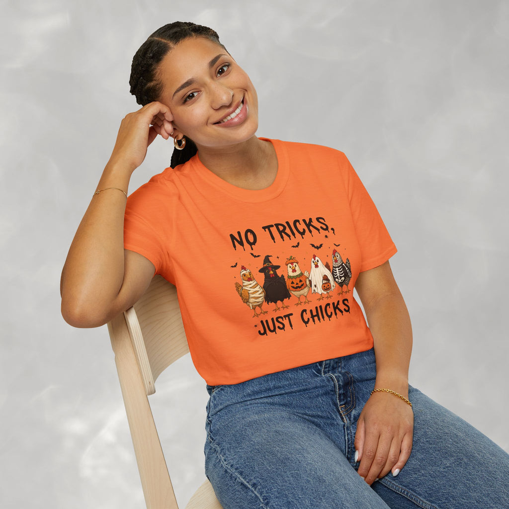 No Tricks Just Chicks, Funny Halloween Chickens in Costumes, Gildan Unisex Softstyle T-Shirt
