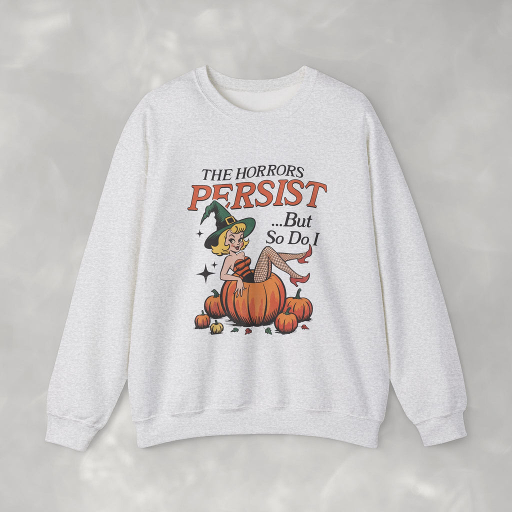 The Horrors Persist but So Do I, Funny Vintage Retro Halloween, Gildan Unisex Heavy Blend™ Crewneck Sweatshirt