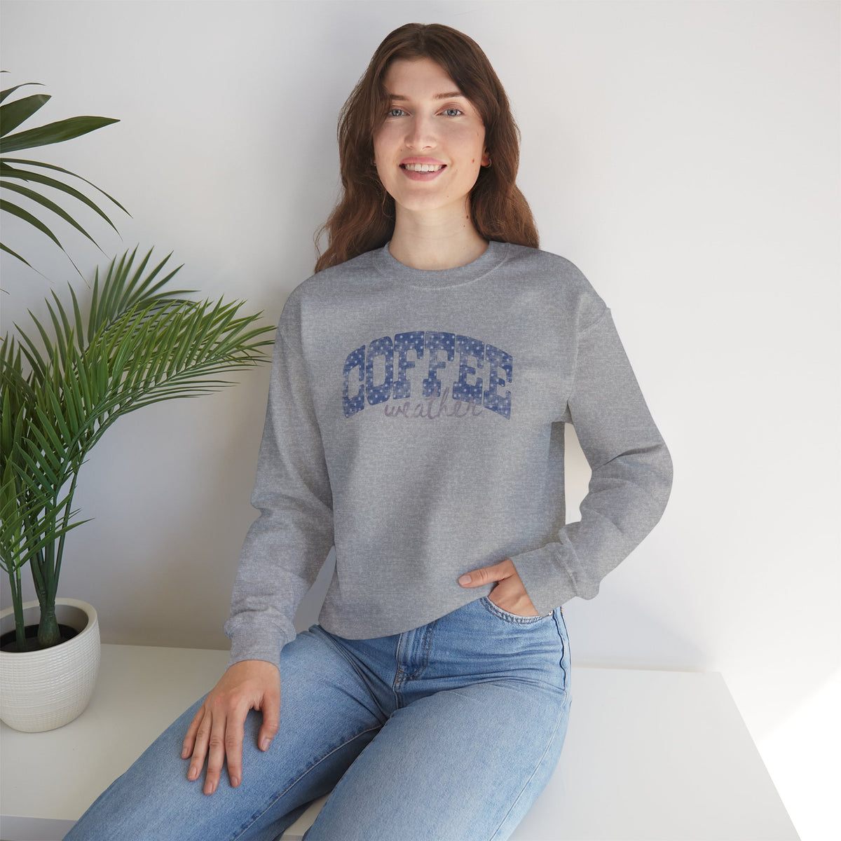 Coffee Weather Distressed Trendy Gildan Unisex Heavy Blend™ Crewneck Sweatshirt for Autumn, Fall