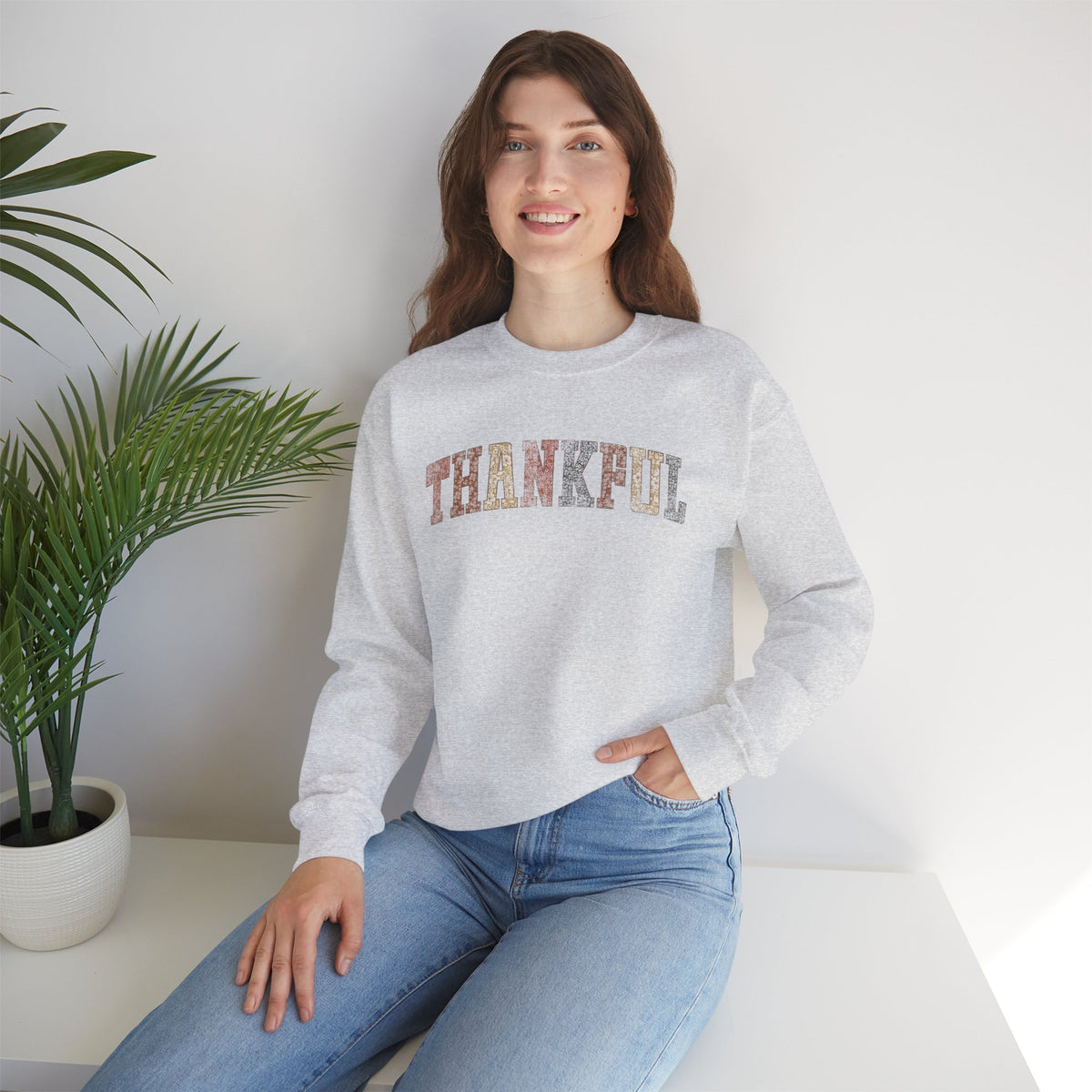 Thankful Cute Boho Trendy Gildan Unisex Heavy Blend™ Crewneck Sweatshirt for Autumn, Fall, Thanksgiving