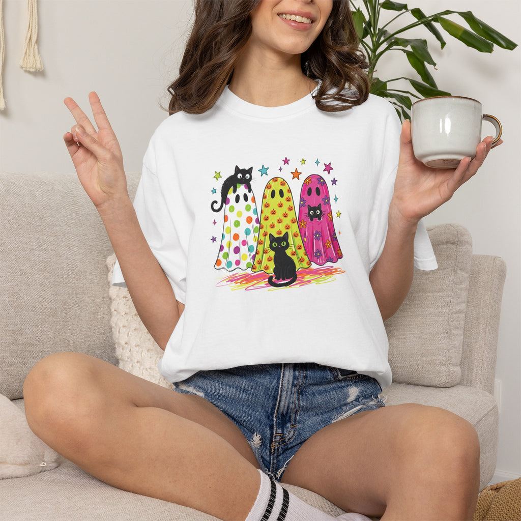 Preppy, Girly, Cute Halloween Ghosts with Cats, Comfort Colors Tee