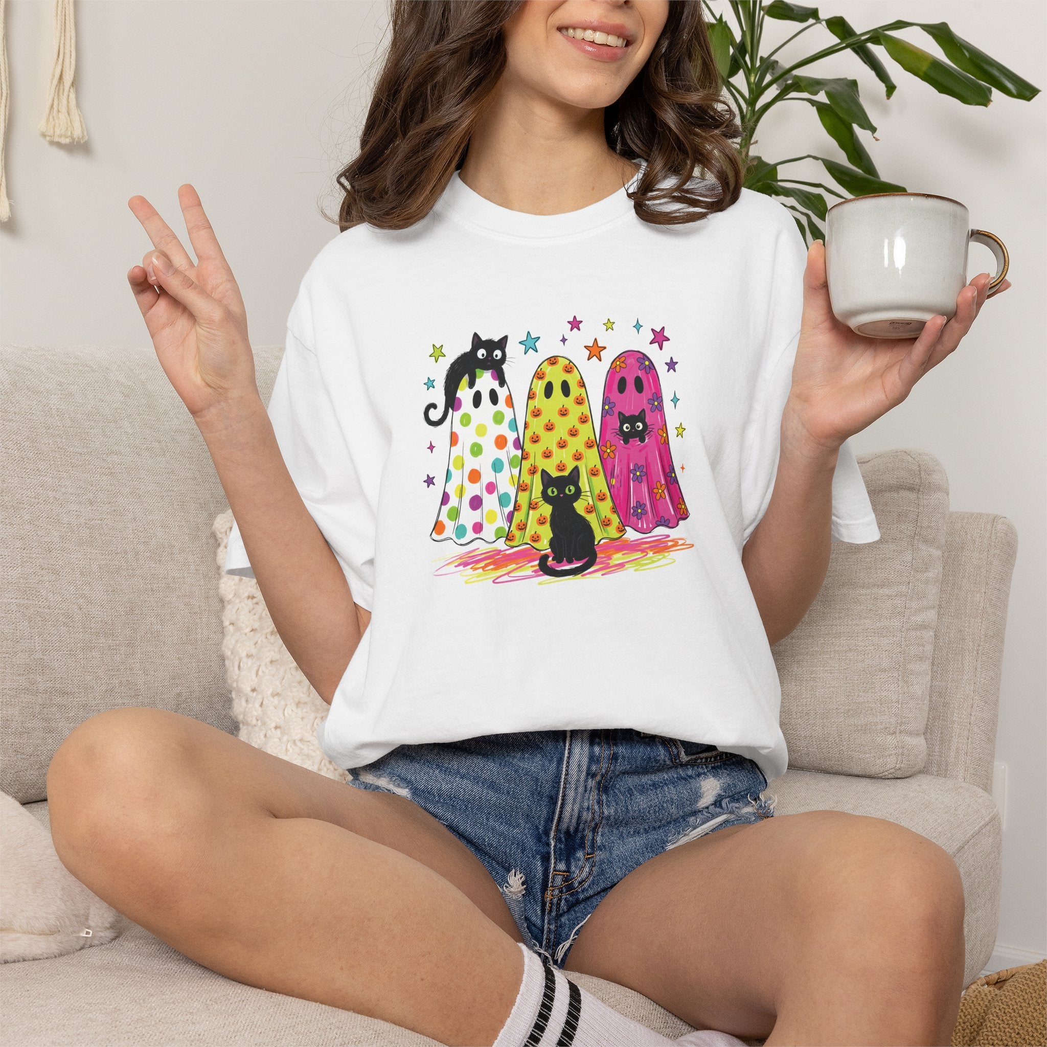 Preppy, Girly, Cute Halloween Ghosts with Cats, Comfort Colors Tee
