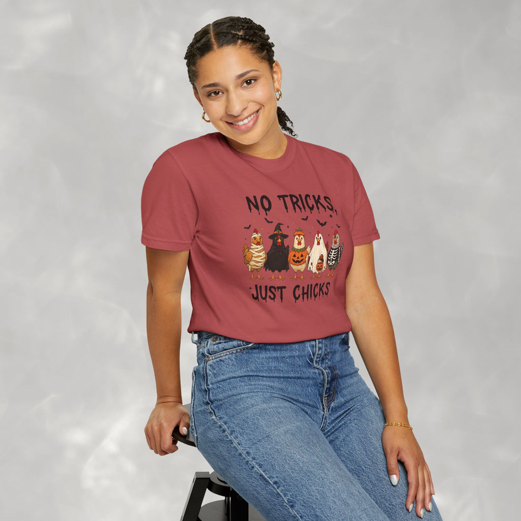 No Tricks Just Chicks, Funny Halloween Chickens in Costumes, Comfort Colors Tee