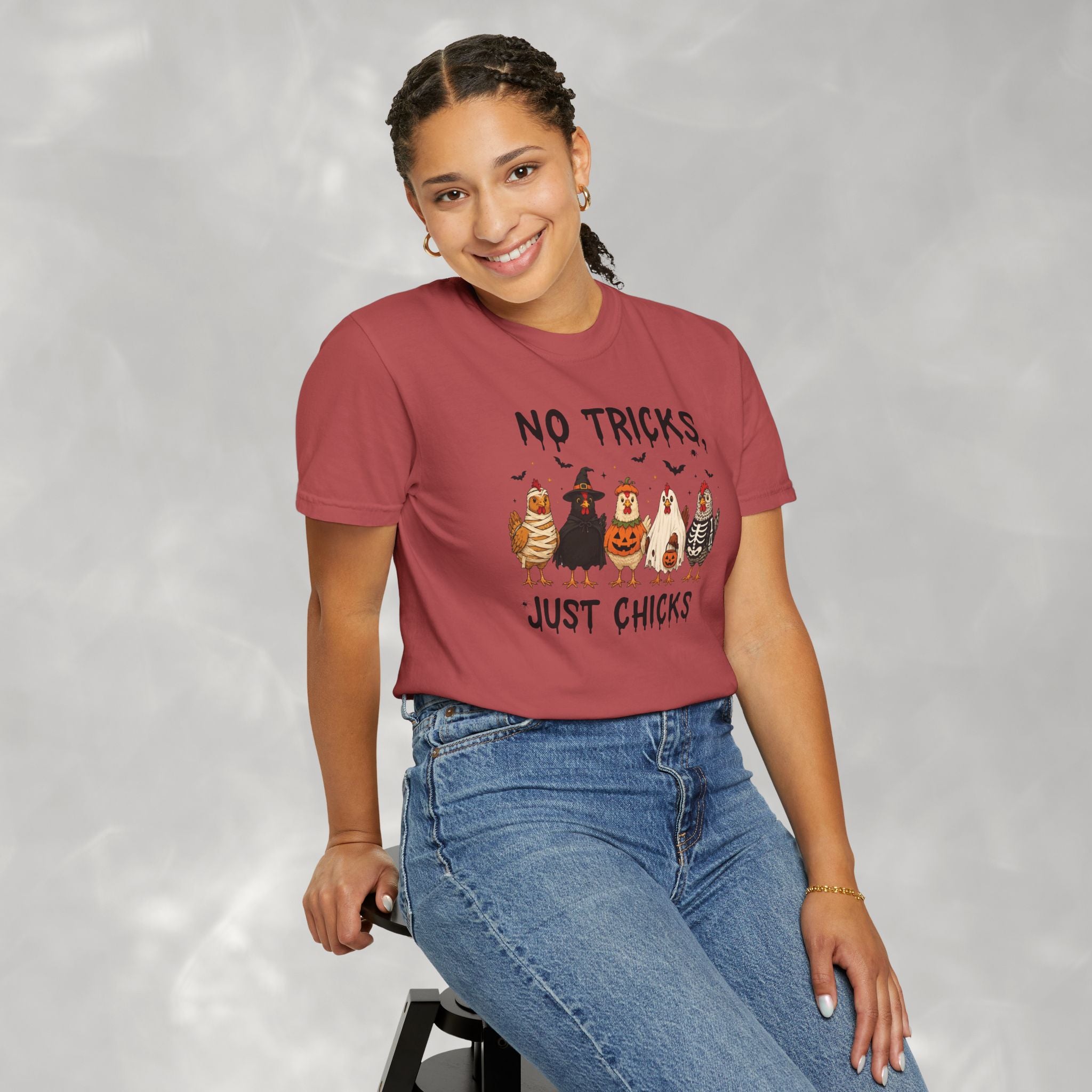 No Tricks Just Chicks, Funny Halloween Chickens in Costumes, Comfort Colors Tee