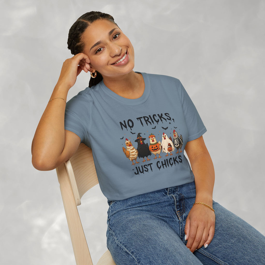 No Tricks Just Chicks, Funny Halloween Chickens in Costumes, Gildan Unisex Softstyle T-Shirt