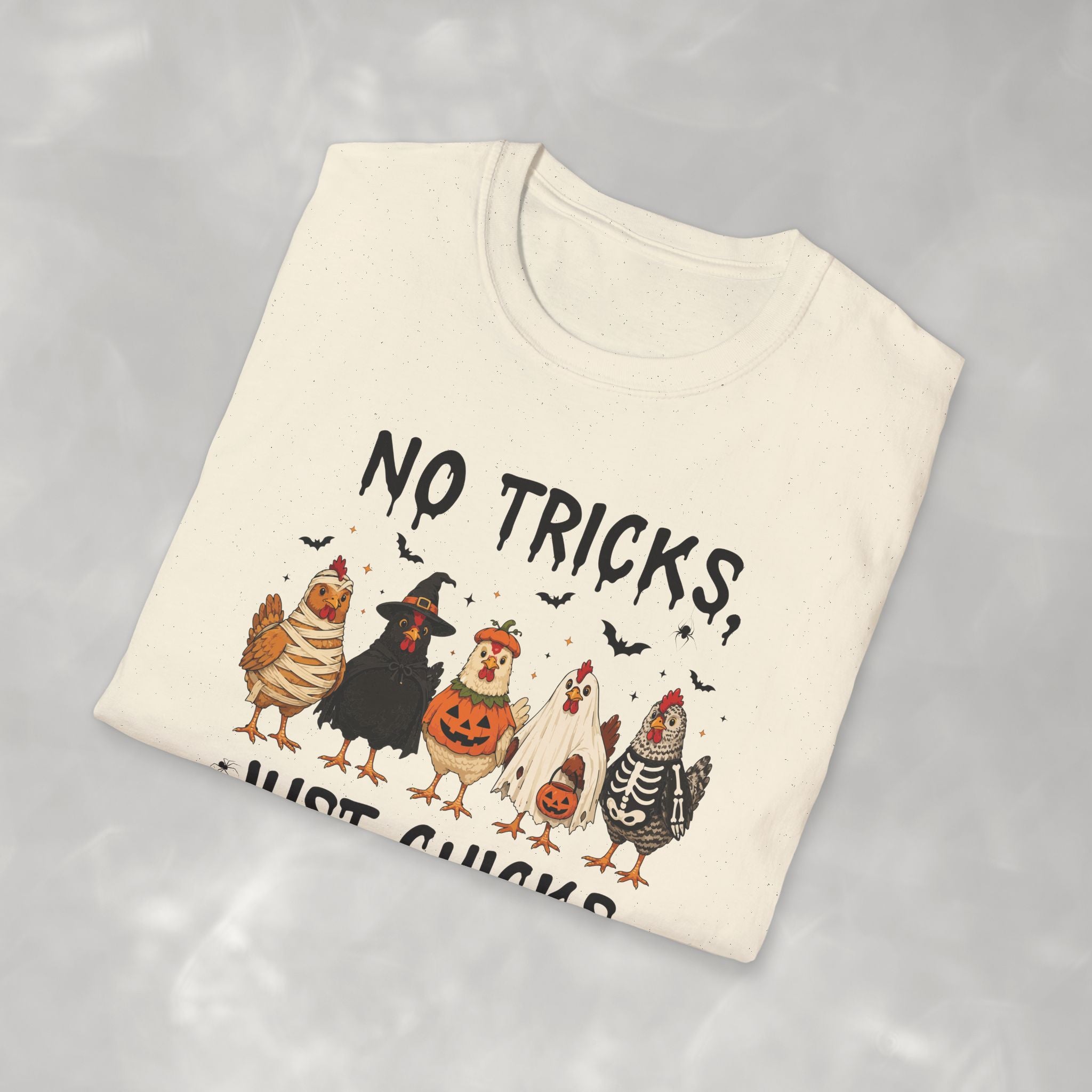 No Tricks Just Chicks, Funny Halloween Chickens in Costumes, Gildan Unisex Softstyle T-Shirt