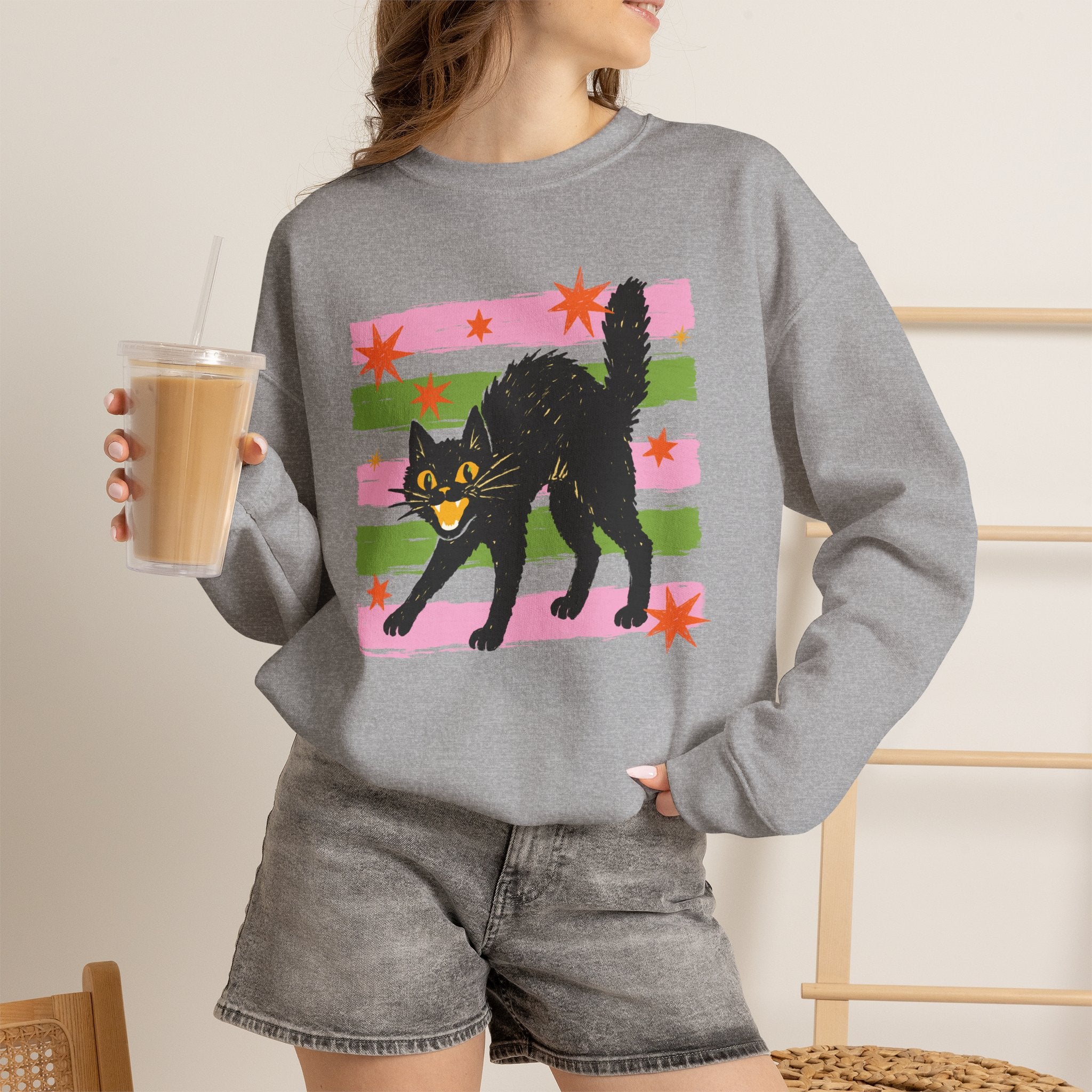 Spooky, Cute Black Cat, Halloween, Gildan Unisex Heavy Blend™ Crewneck Sweatshirt
