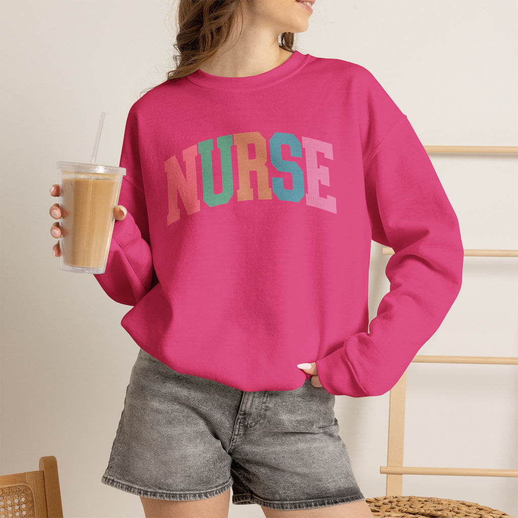 Colorful Fun Whimsical Varsity Nurse Gildan Unisex Heavy Blend™ Crewneck Sweatshirt for RN, LPN, GN, Student Nurse