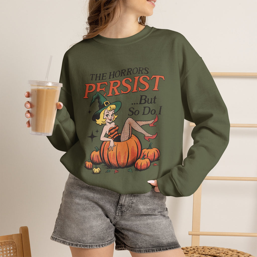 The Horrors Persist but So Do I, Funny Vintage Retro Halloween, Gildan Unisex Heavy Blend™ Crewneck Sweatshirt