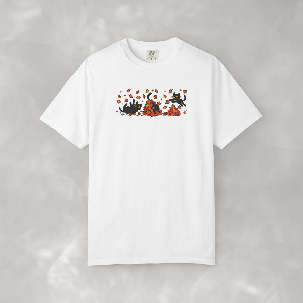 Cute Black Cats Playing in Autumn Leaves Comfort Colors Tee