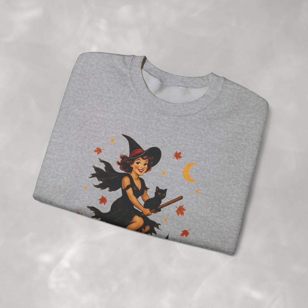 Vintage Witch Riding on Broomstick with Black Cat, Retro Halloween, Gildan Unisex Heavy Blend™ Crewneck Sweatshirt
