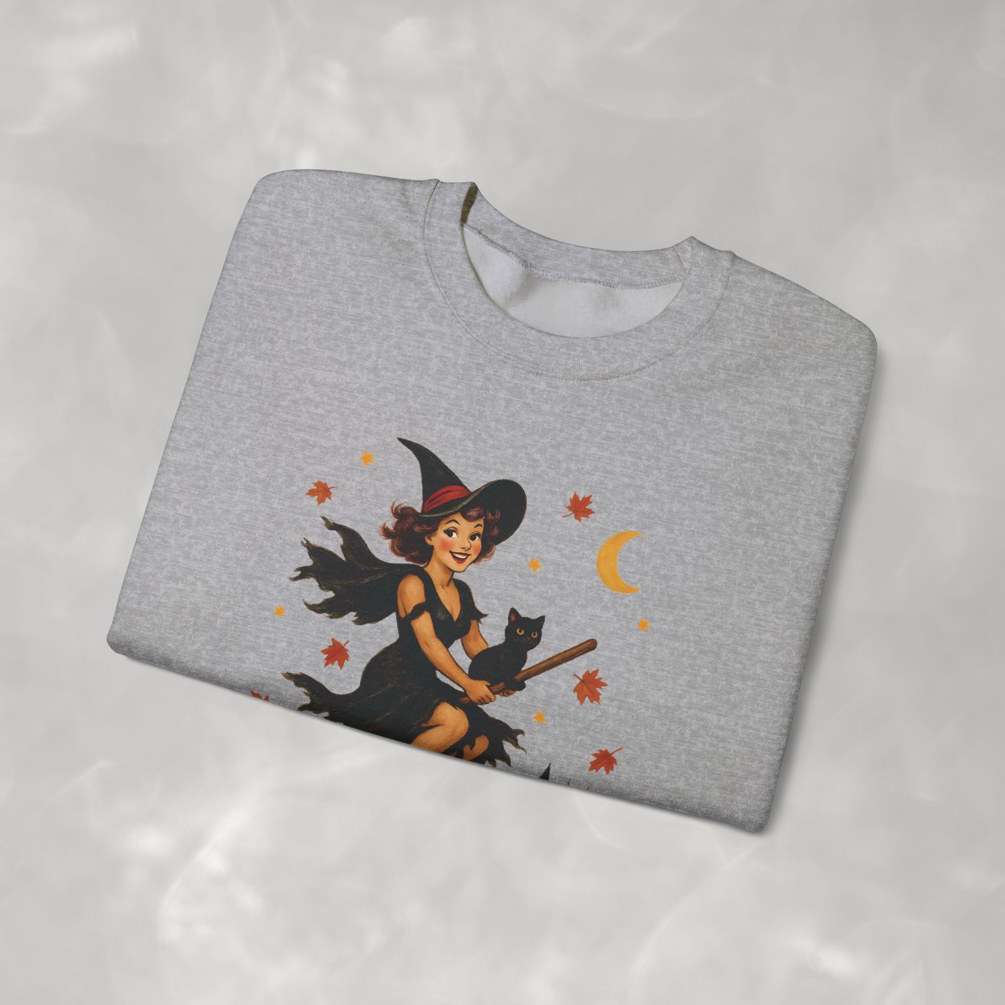 Vintage Witch Riding on Broomstick with Black Cat, Retro Halloween, Gildan Unisex Heavy Blend™ Crewneck Sweatshirt