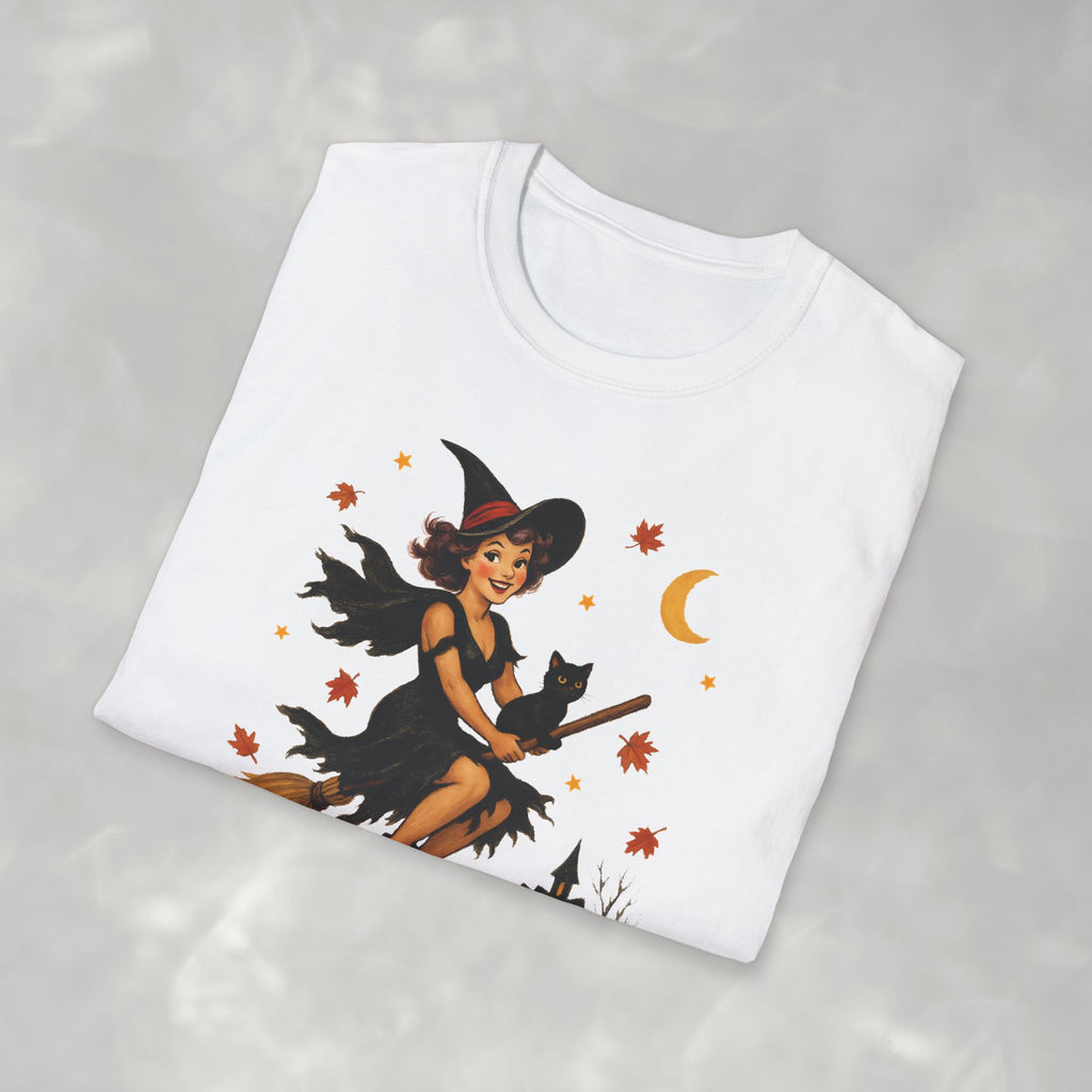 Vintage Witch Riding on Broomstick with Black Cat, Retro Halloween, Gildan Unisex Softstyle T-Shirt