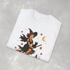 Vintage Witch Riding on Broomstick with Black Cat, Retro Halloween, Gildan Unisex Softstyle T-Shirt