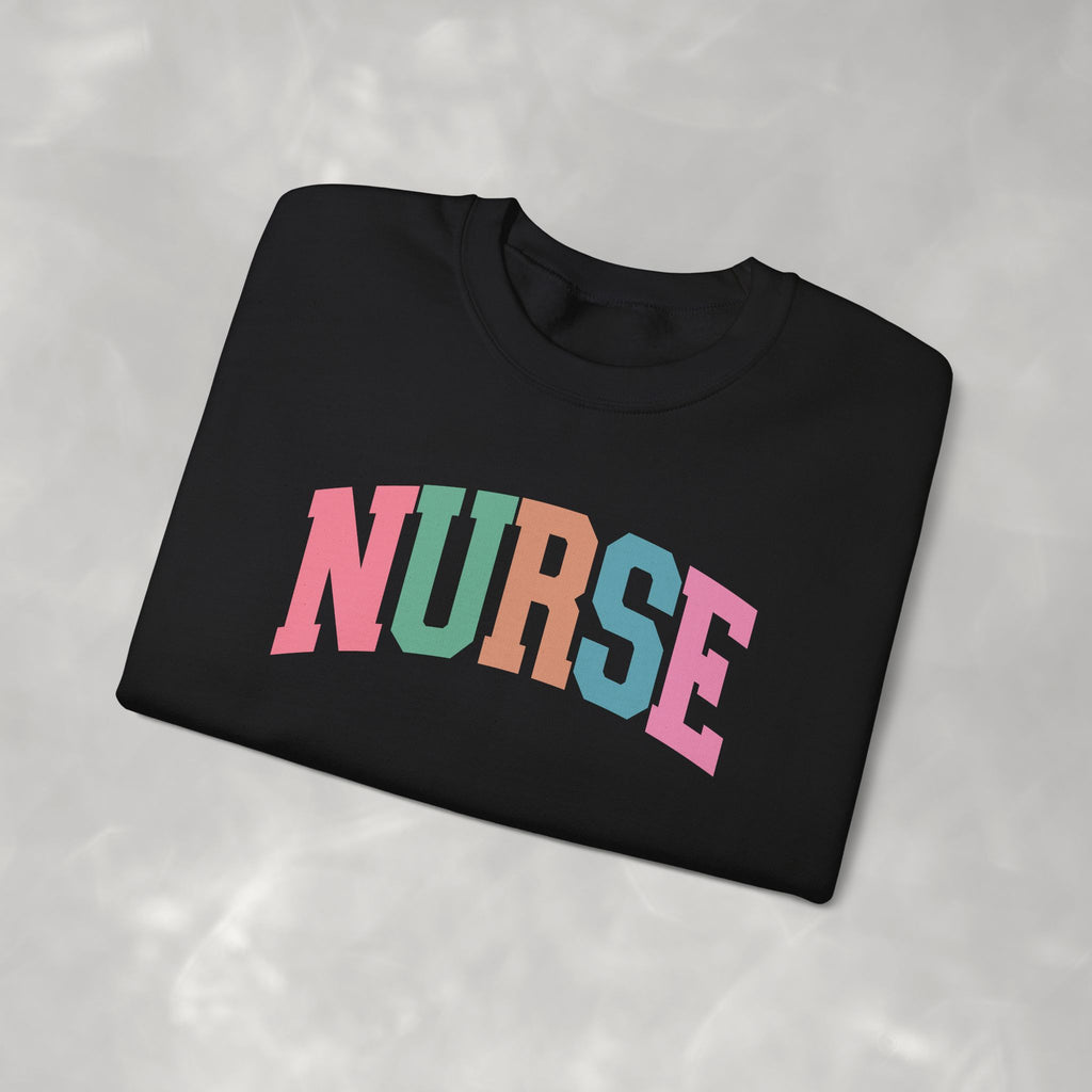 Colorful Fun Whimsical Varsity Nurse Gildan Unisex Heavy Blend™ Crewneck Sweatshirt for RN, LPN, GN, Student Nurse