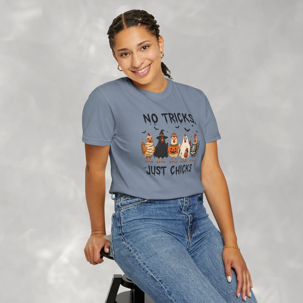 No Tricks Just Chicks, Funny Halloween Chickens in Costumes, Comfort Colors Tee