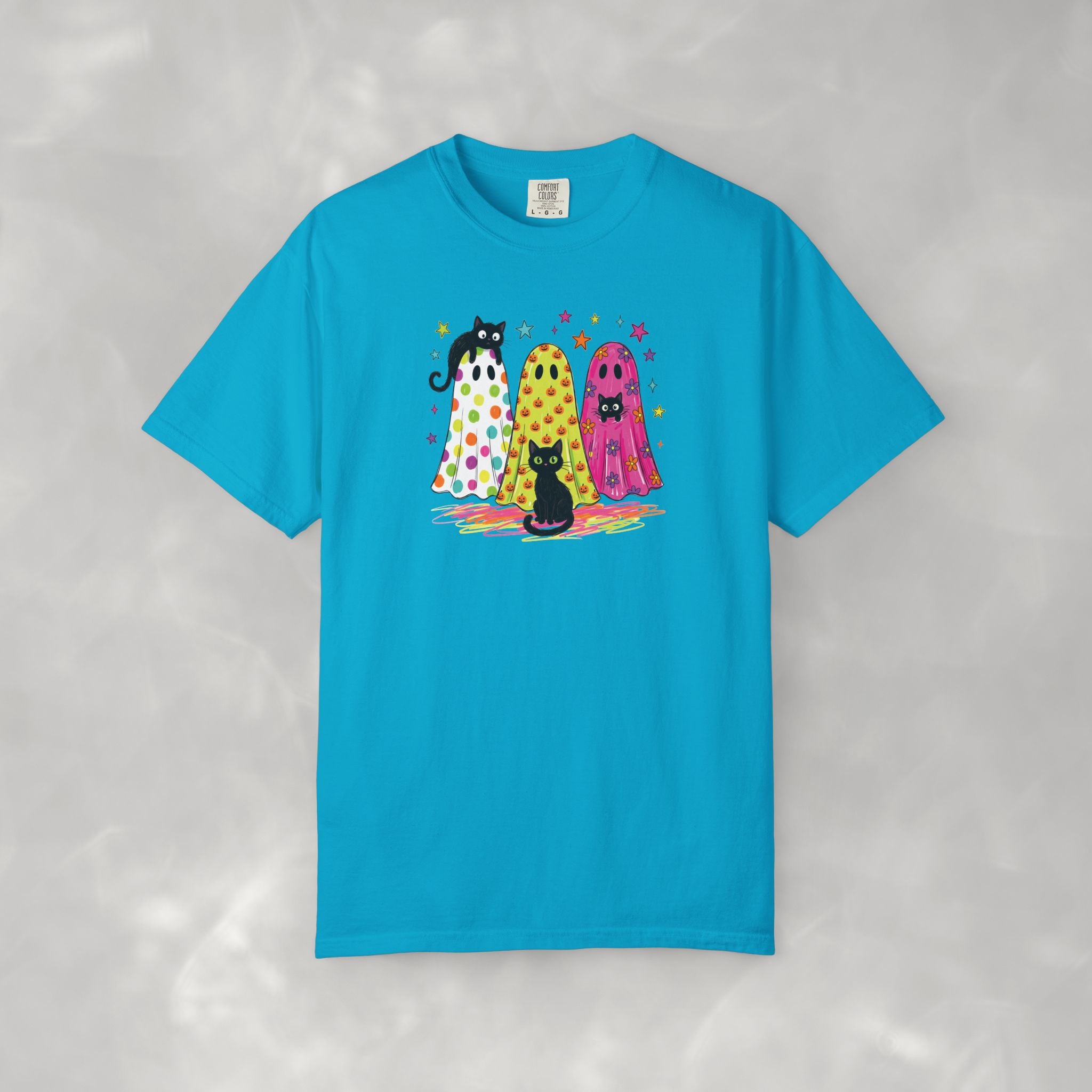 Preppy, Girly, Cute Halloween Ghosts with Cats, Comfort Colors Tee