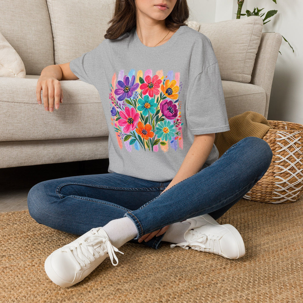 Boho Striped Flowers Gildan Softstyle T-Shirt