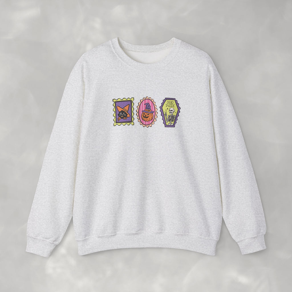 Cute Halloween Spooky Stamps with Cat, Jack-O-Lanter, Skeleton, Gildan Unisex Heavy Blend™ Crewneck Sweatshirt