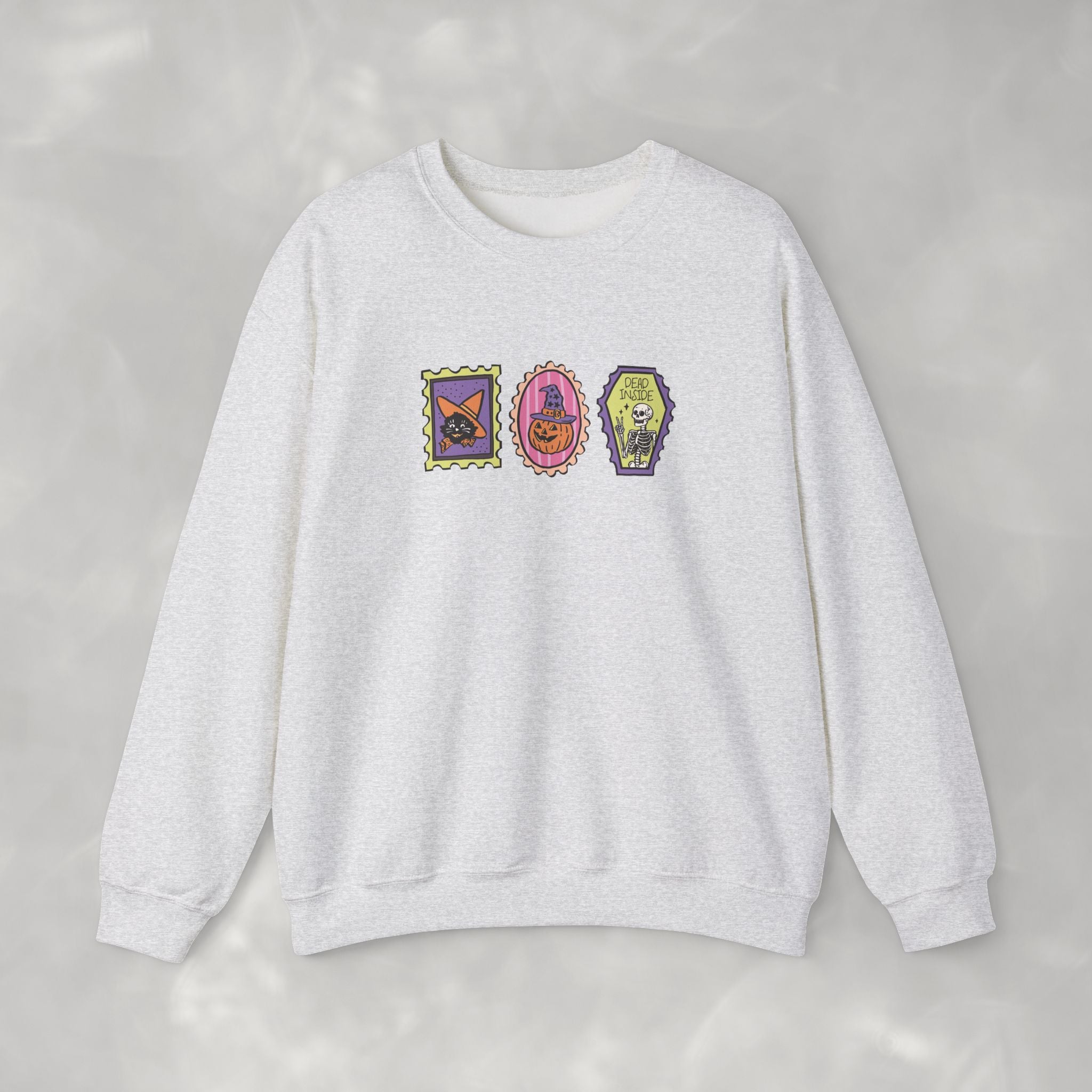 Cute Halloween Spooky Stamps with Cat, Jack-O-Lanter, Skeleton, Gildan Unisex Heavy Blend™ Crewneck Sweatshirt