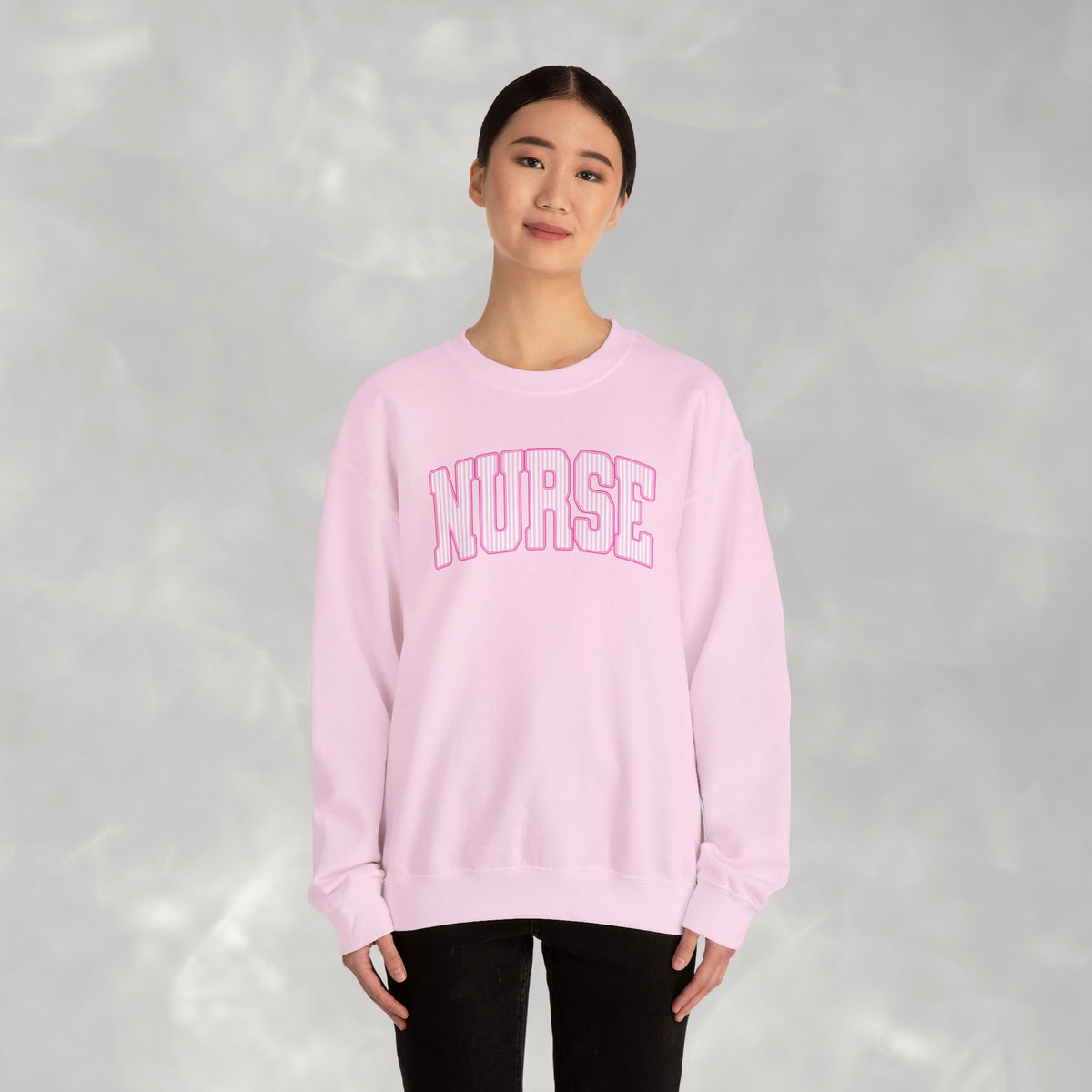 Pink Striped Varsity Nurse Gildan Unisex Heavy Blend™ Crewneck Sweatshirt for RN, LPN, GN, Student Nurse