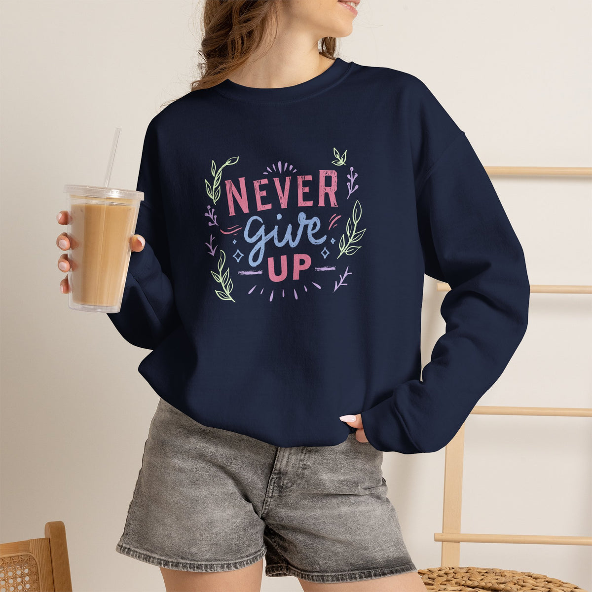 Never Give Up, Motivational Uplifting Gildan Unisex Heavy Blend™ Crewneck Sweatshirt for OT, PT, Speech Therapy