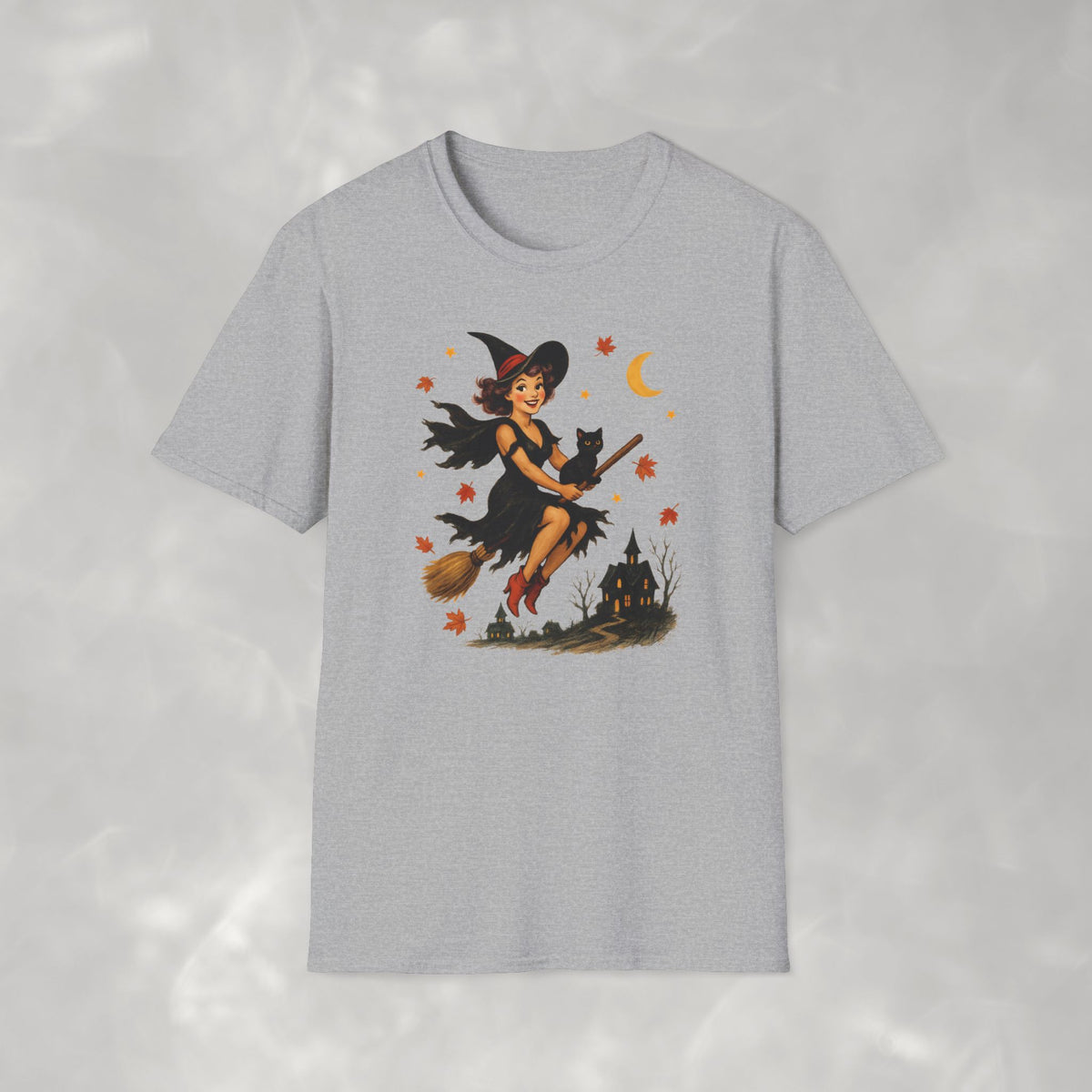 Vintage Witch Riding on Broomstick with Black Cat, Retro Halloween, Gildan Unisex Softstyle T-Shirt