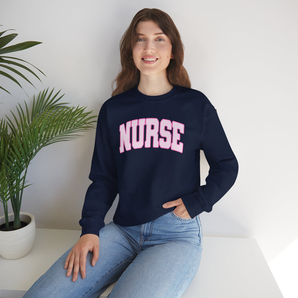 Pink Striped Varsity Nurse Gildan Unisex Heavy Blend™ Crewneck Sweatshirt for RN, LPN, GN, Student Nurse