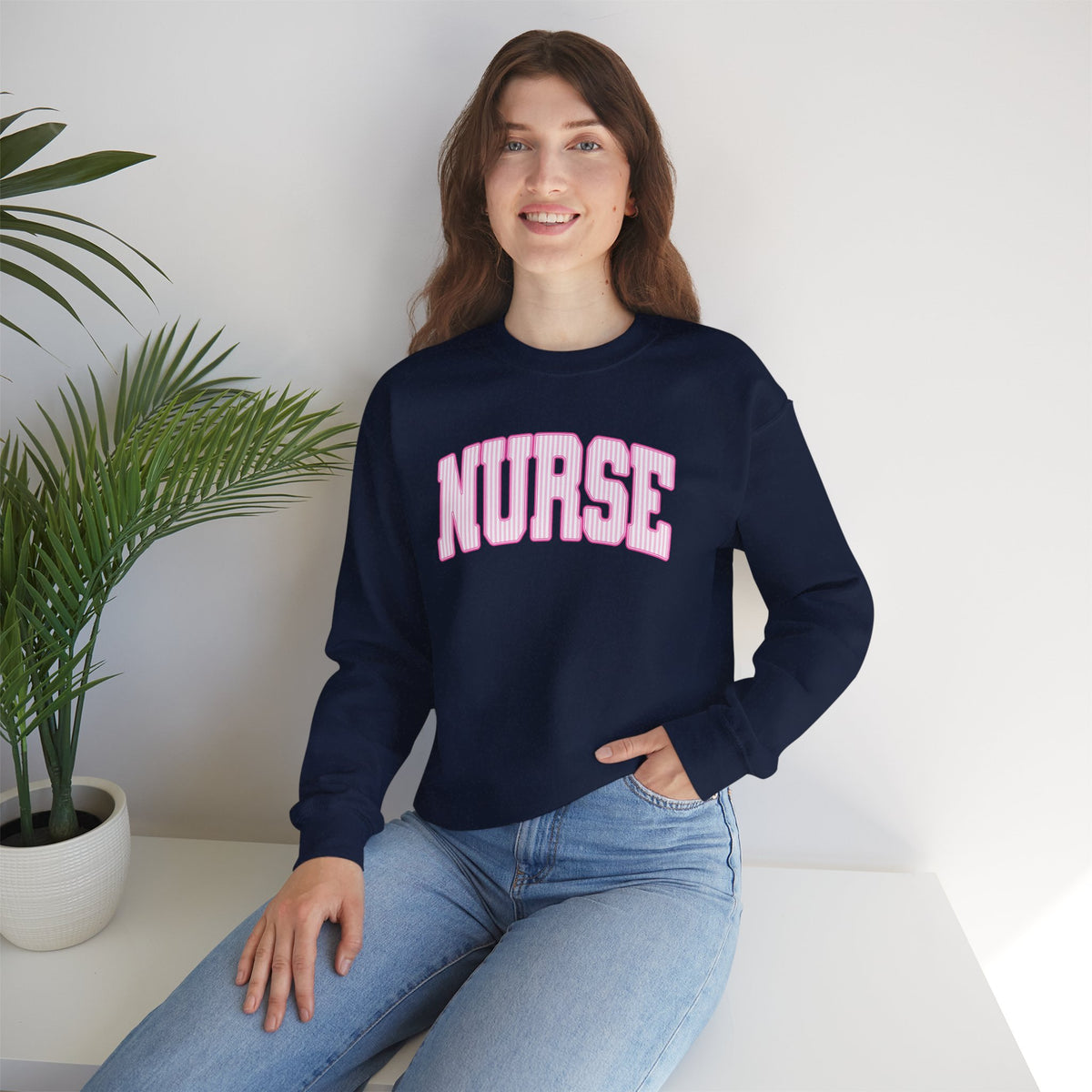 Pink Striped Varsity Nurse Gildan Unisex Heavy Blend™ Crewneck Sweatshirt for RN, LPN, GN, Student Nurse