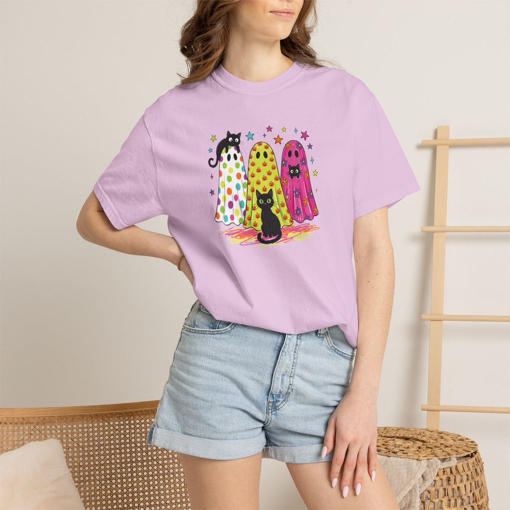 Preppy, Girly, Cute Halloween Ghosts with Cats, Comfort Colors Tee