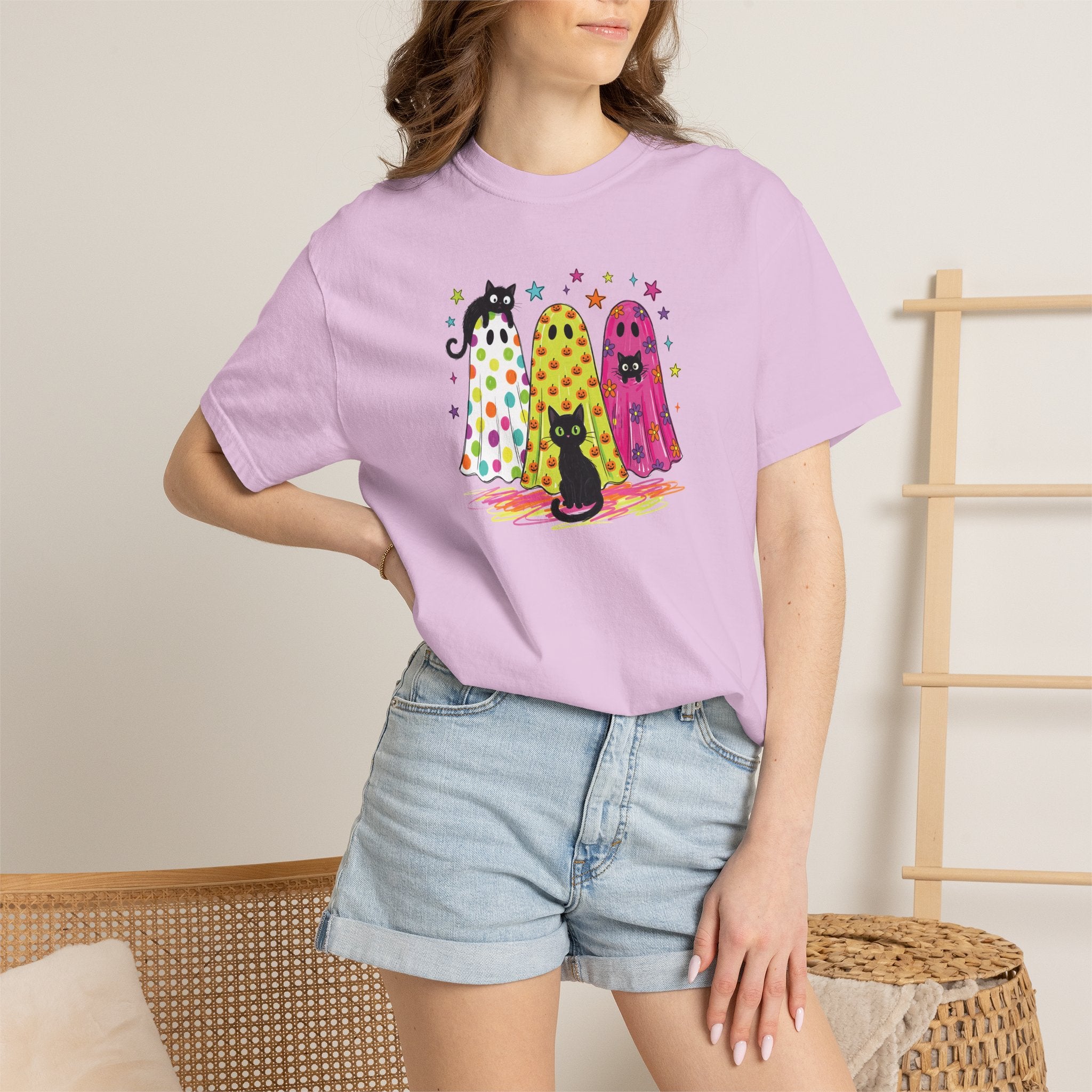 Preppy, Girly, Cute Halloween Ghosts with Cats, Comfort Colors Tee