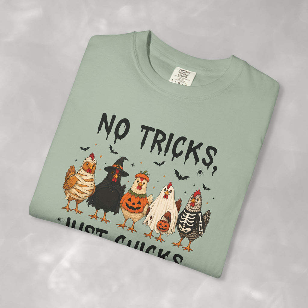 No Tricks Just Chicks, Funny Halloween Chickens in Costumes, Comfort Colors Tee