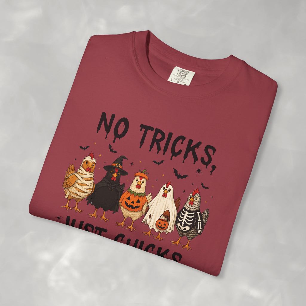 No Tricks Just Chicks, Funny Halloween Chickens in Costumes, Comfort Colors Tee