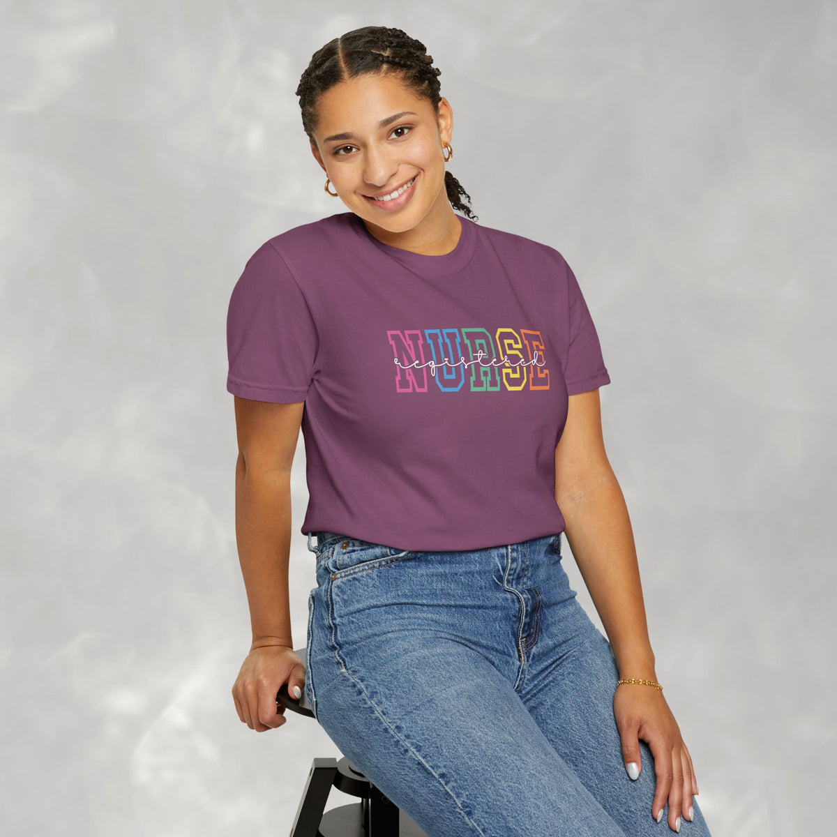 Colorful Rainbow Whimsical Varsity Registered Nurse Comfort Colors Unisex Garment-Dyed T-shirt