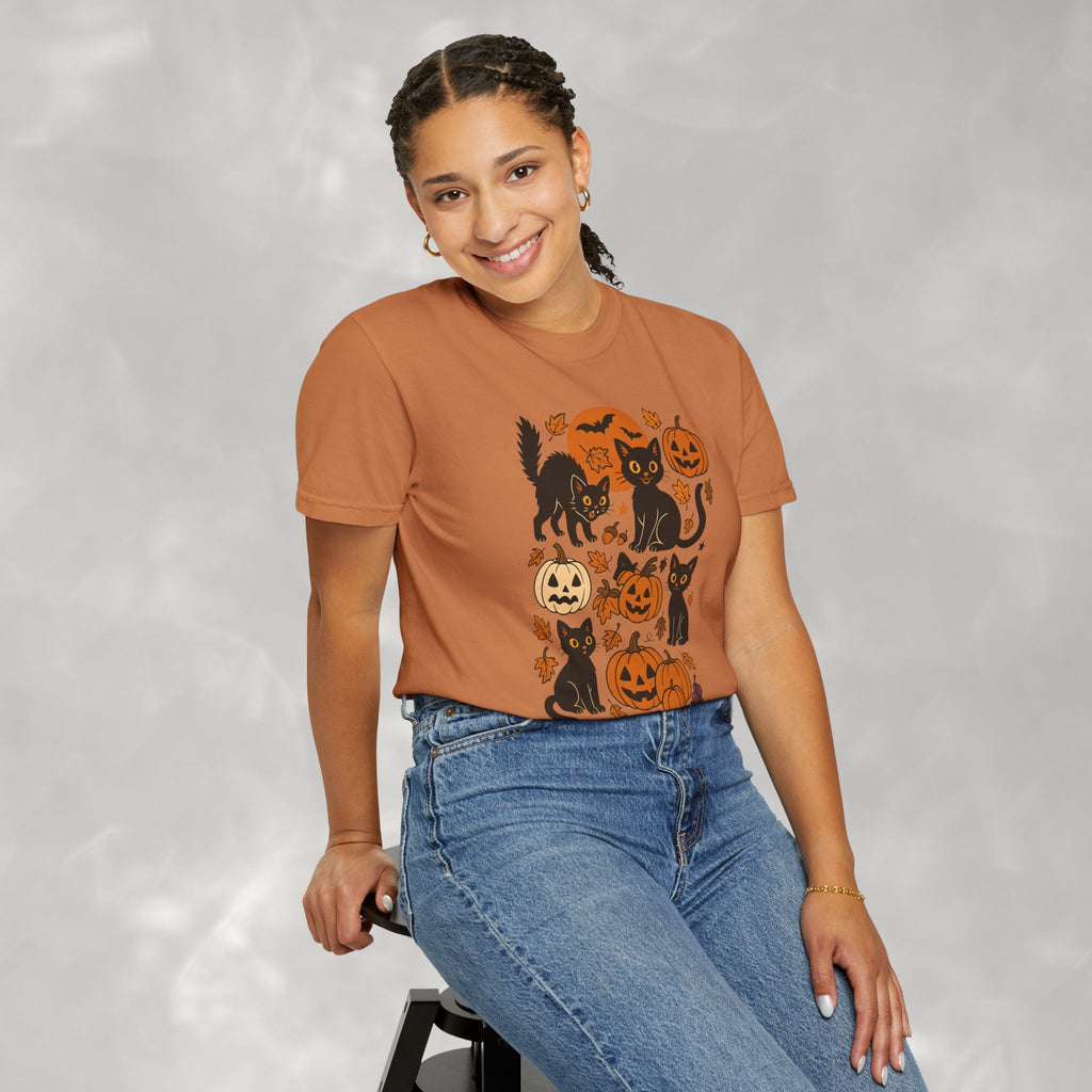 Spooky Black Cats and Jack-O-Lanterns, Unisex Comfort Colors Tee
