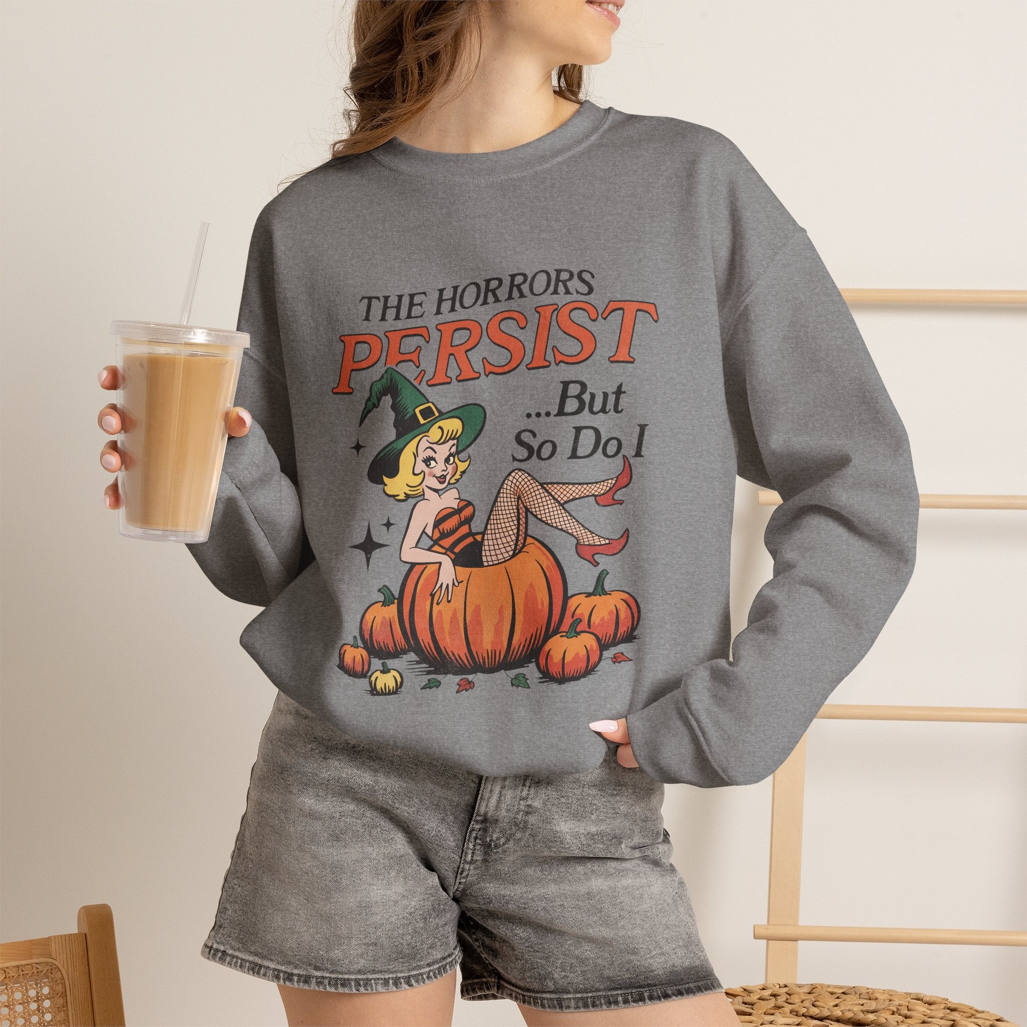 The Horrors Persist but So Do I, Funny Vintage Retro Halloween, Gildan Unisex Heavy Blend™ Crewneck Sweatshirt