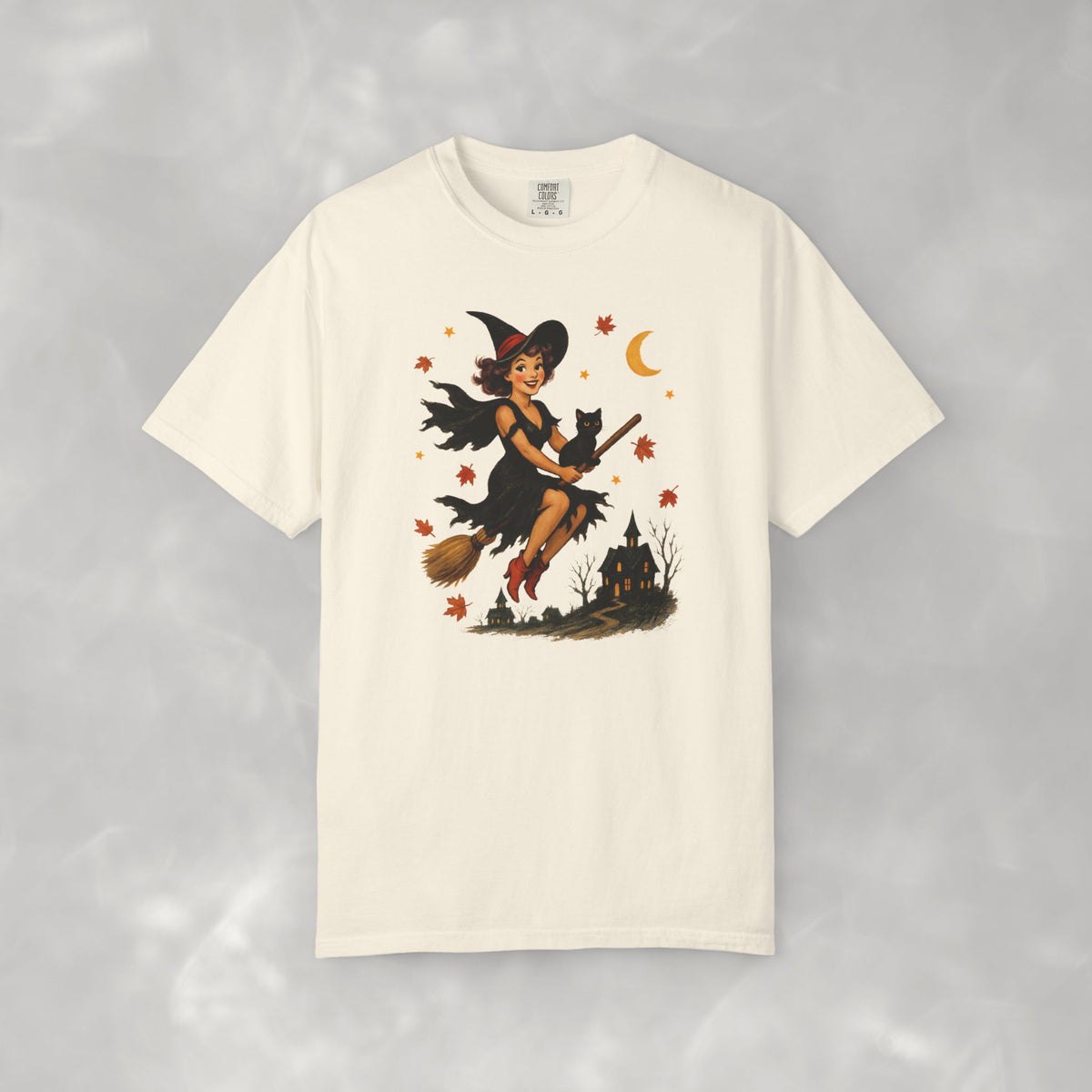Vintage Witch Riding on Broomstick with Black Cat, Retro Halloween Comfort Colors Tee