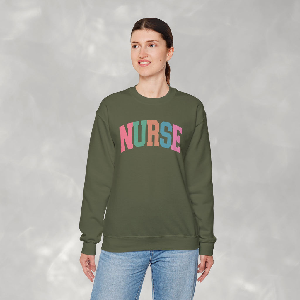 Colorful Fun Whimsical Varsity Nurse Gildan Unisex Heavy Blend™ Crewneck Sweatshirt for RN, LPN, GN, Student Nurse