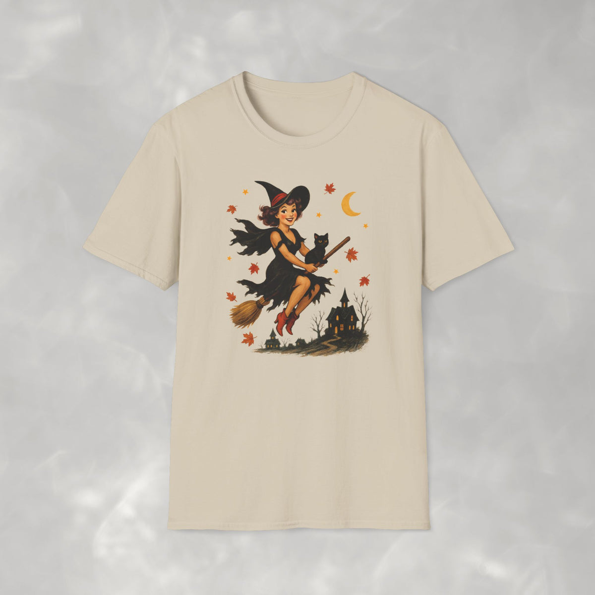 Vintage Witch Riding on Broomstick with Black Cat, Retro Halloween, Gildan Unisex Softstyle T-Shirt