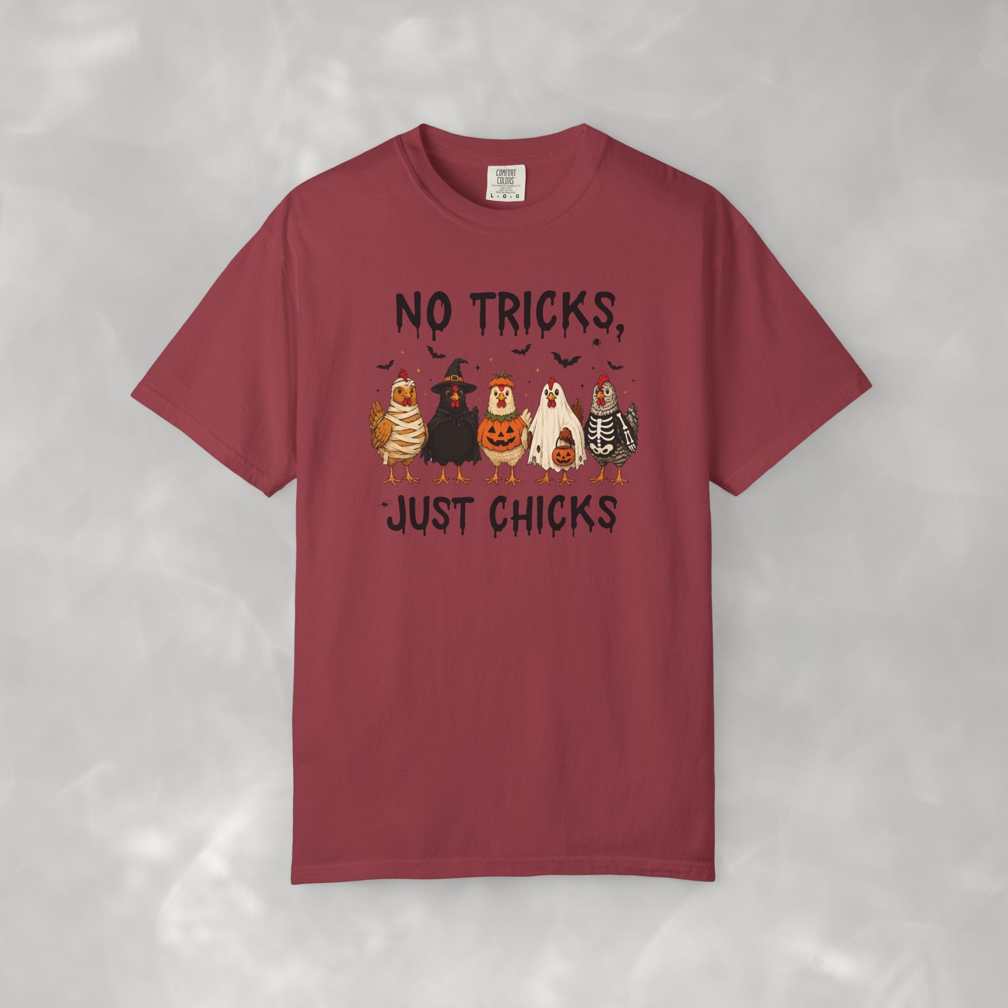 No Tricks Just Chicks, Funny Halloween Chickens in Costumes, Comfort Colors Tee
