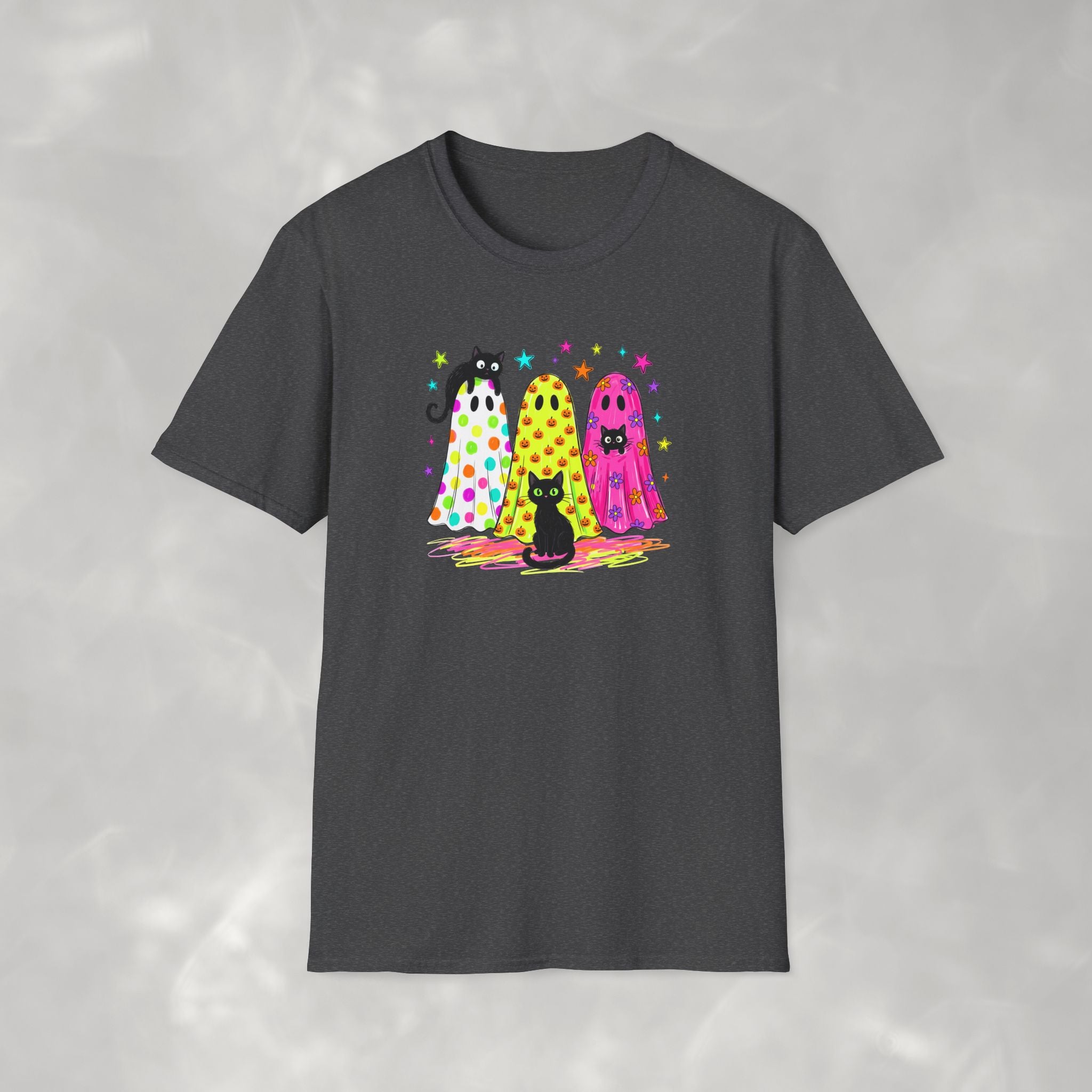 Preppy, Girly, Cute Halloween Ghosts with Cats, Gildan Unisex Softstyle T-Shirt