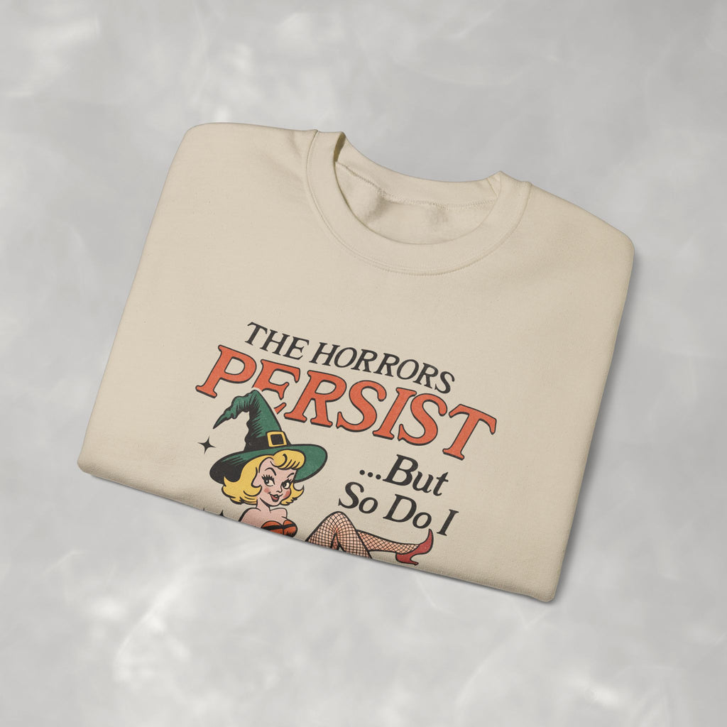 The Horrors Persist but So Do I, Funny Vintage Retro Halloween, Gildan Unisex Heavy Blend™ Crewneck Sweatshirt